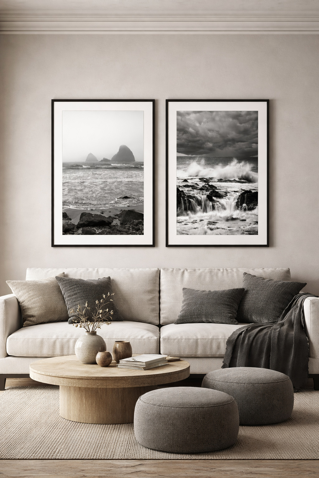 Coastal black and white fine art photography diptych in modern living room by Dan Sproul